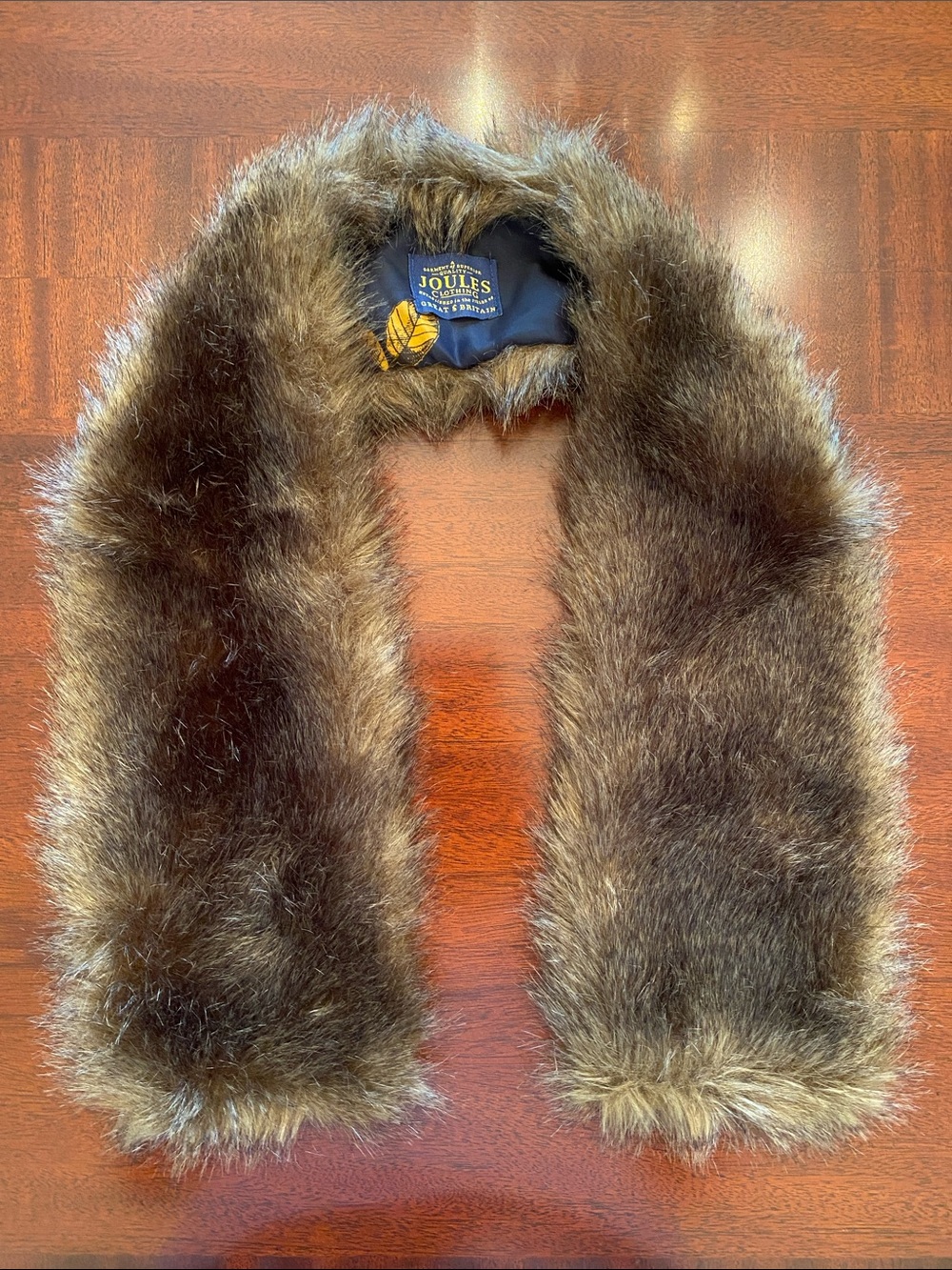 Joules Brown Faux Fur Stole/Scarf with Navy and Yellow Floral Lining